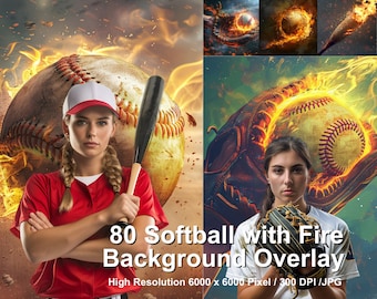 Fire Softball Photo Backgrounds: Sports Digital Backdrops (Digital Download)