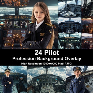 May include: A collage of images featuring a young person wearing a pilot uniform and various views of the cockpit of an airplane. The text "24 Pilot Profession Background Overlay" is displayed below the images. The text "High Resolution 13000x9000 Pixel / JPG" is displayed below the text.