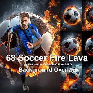 Puede incluir: Un jugador de fútbol corre con un balón de fútbol en llamas en el fondo. El fondo presenta varios balones de fútbol envueltos en llamas. El texto "68 Soccer Fire Lava" y "High Resolution 13000x9000 Pixel / JPG Background Overlay" se muestra.