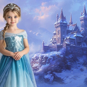 May include: A young girl wearing a blue and silver sequined dress with a long, flowing skirt and a silver crown. She is standing in front of a snowy mountain range with a large castle in the background.