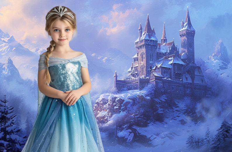 May include: A young girl wearing a blue and silver sequined dress with a long, flowing skirt and a silver crown. She is standing in front of a snowy mountain range with a large castle in the background.