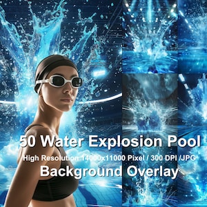 May include: 50 high-resolution images of water explosions in a swimming pool. The images are perfect for adding a dramatic effect to your designs. Each image is 14,000 x 11,000 pixels and 300 DPI.