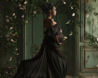 Olive Green Florals Digital Backdrops: Maternity Photography Overlays