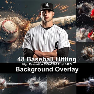 May include: A baseball player in a white and black striped jersey with a black baseball cap is hitting a baseball. The baseball is flying through the air and there is a white cloud of dust behind it. The image is a digital overlay for use in photo editing.