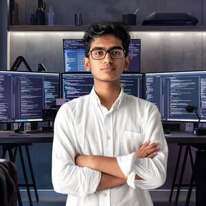 May include: A young person wearing glasses and a white shirt stands in front of a desk with three computer monitors displaying code. The person has their arms crossed and is looking directly at the camera.