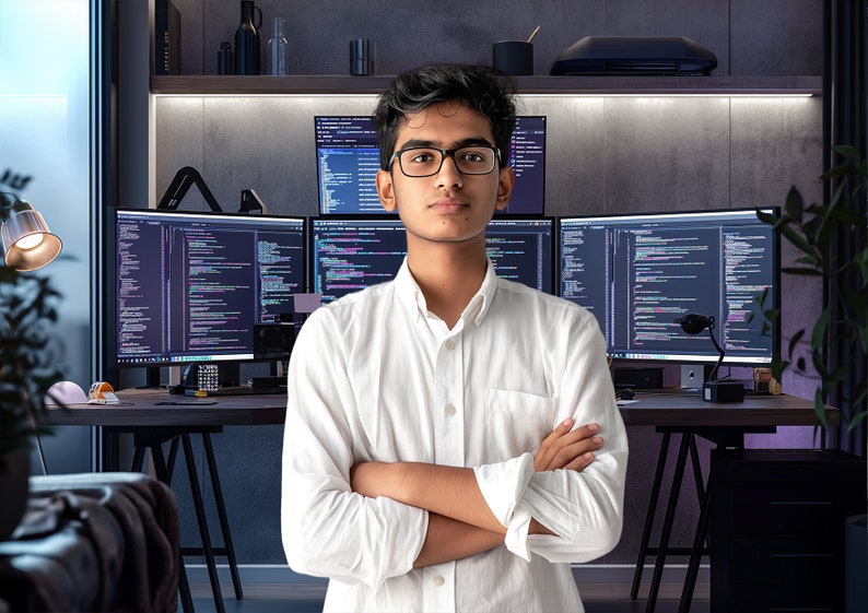 May include: A young person wearing glasses and a white shirt stands in front of a desk with three computer monitors displaying code. The person has their arms crossed and is looking directly at the camera.