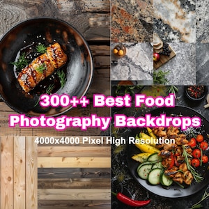 May include: A collection of 300+ high-resolution food photography backdrops. The backdrops are 4000x4000 pixels and feature a variety of textures, including wood, stone, and metal. The backdrops are perfect for creating professional-looking food photos.
