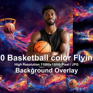 Photoshop 編集に適したデジタル背景を備えた、スポーツ写真の背景に使用できるカラーのバスケットボールの飛行画像 80 枚のコレクション