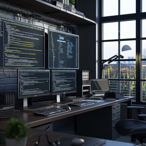 May include: A modern home office with a black desk and a black office chair. There are four computer monitors displaying code on the wall. The office has a large window with a view of a city skyline.