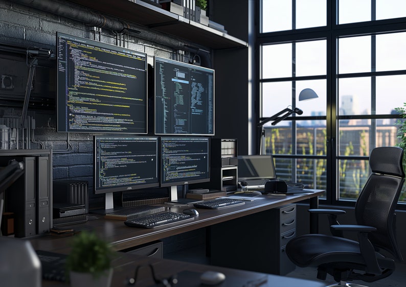 May include: A modern home office with a black desk and a black office chair. There are four computer monitors displaying code on the wall. The office has a large window with a view of a city skyline.