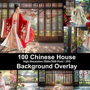 May include: Four different images of a traditional Chinese house with a woman in a red and white dress standing in the doorway. The house has a wooden frame and a tiled roof. The woman is wearing a long, flowing dress with a red and white pattern. The images are all taken from different angles and show the house in different lighting conditions.