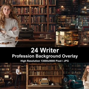May include: 24 digital backgrounds featuring a library setting with bookshelves, a desk, and a typewriter. The backgrounds are ideal for use as overlays for photos or videos. High resolution 13000x9000 pixels. JPG format.