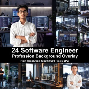 Könnte beinhalten: 24 hochauflösende Bilder eines Softwareentwickler-Arbeitsplatzes. Die Bilder zeigen ein modernes Büro mit mehreren Monitoren, auf denen Code angezeigt wird, einen Schreibtisch mit Tastatur und Maus sowie einen bequemen Stuhl. Die Bilder eignen sich perfekt als Hintergrund oder Overlay für Videos, Präsentationen oder Social-Media-Posts.