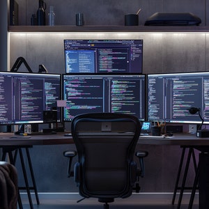 May include: A dark, modern home office with a black desk and a black office chair. Three computer monitors are set up on the desk, each displaying code. The monitors are positioned in a row, with the middle monitor being slightly larger than the other two. The desk is made of wood and has a black metal frame. The office chair is a black mesh back chair with a black leather seat. The room is lit by a desk lamp and a window.