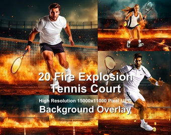 Fondo de cancha de tenis con explosión de fuego: 20 superposiciones de fotos deportivas (descarga digital)