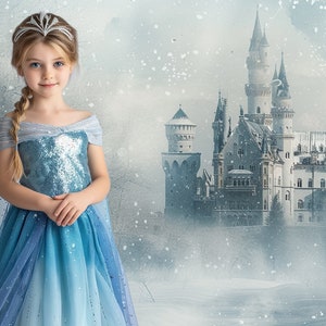 May include: A young girl wearing a blue and silver sequined dress with a matching cape and a silver crown. She is standing in front of a snowy castle.