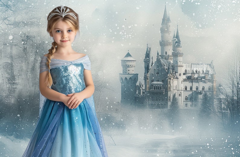 May include: A young girl wearing a blue and silver sequined dress with a matching cape and a silver crown. She is standing in front of a snowy castle.