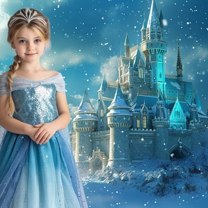 May include: A young girl wearing a blue and silver sequined dress and a silver crown stands in front of a large, snow-covered castle. The castle has tall towers and a pointed roof. The background is a snowy landscape with mountains and clouds.