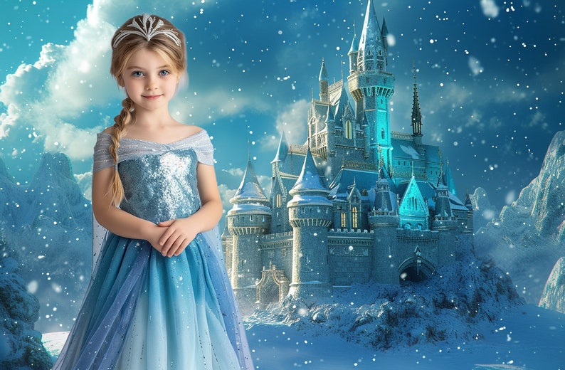 May include: A young girl wearing a blue and silver sequined dress and a silver crown stands in front of a large, snow-covered castle. The castle has tall towers and a pointed roof. The background is a snowy landscape with mountains and clouds.
