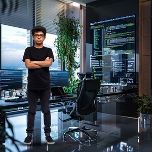 May include: A young person wearing glasses and a black t-shirt stands in front of a desk with multiple computer monitors displaying code. The person has their arms crossed and is looking directly at the camera.
