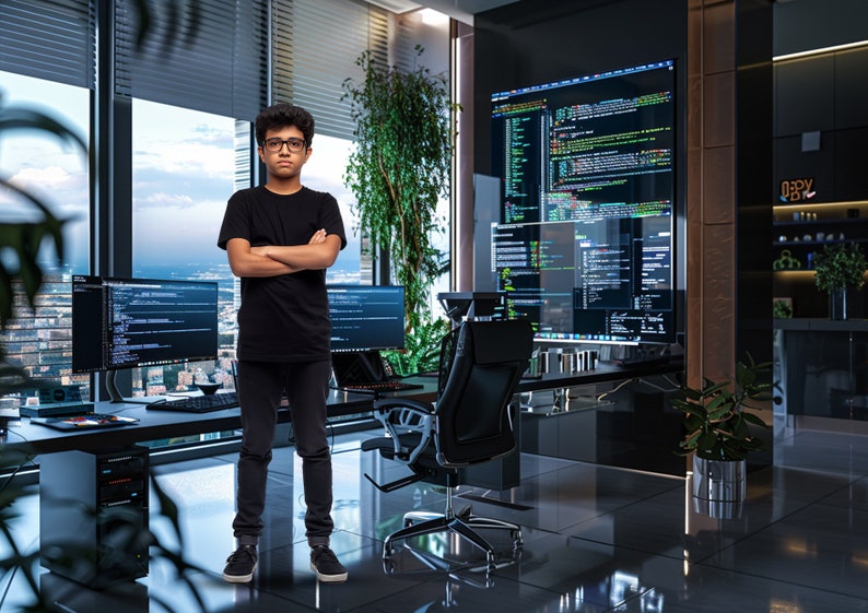 May include: A young person wearing glasses and a black t-shirt stands in front of a desk with multiple computer monitors displaying code. The person has their arms crossed and is looking directly at the camera.