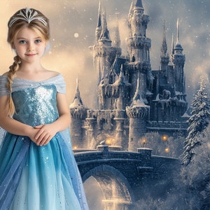 May include: A young girl wearing a blue and silver sequined dress and a silver crown stands in front of a snow-covered castle. The castle has a bridge and is surrounded by snow-covered trees.
