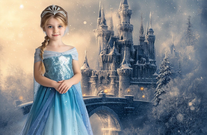 May include: A young girl wearing a blue and silver sequined dress and a silver crown stands in front of a snow-covered castle. The castle has a bridge and is surrounded by snow-covered trees.