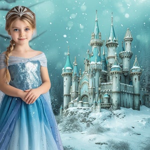 May include: A young girl wearing a blue and silver sequined dress and a silver crown stands in front of a large, white castle with blue accents. The castle is surrounded by snow and trees. The scene is reminiscent of a winter wonderland.