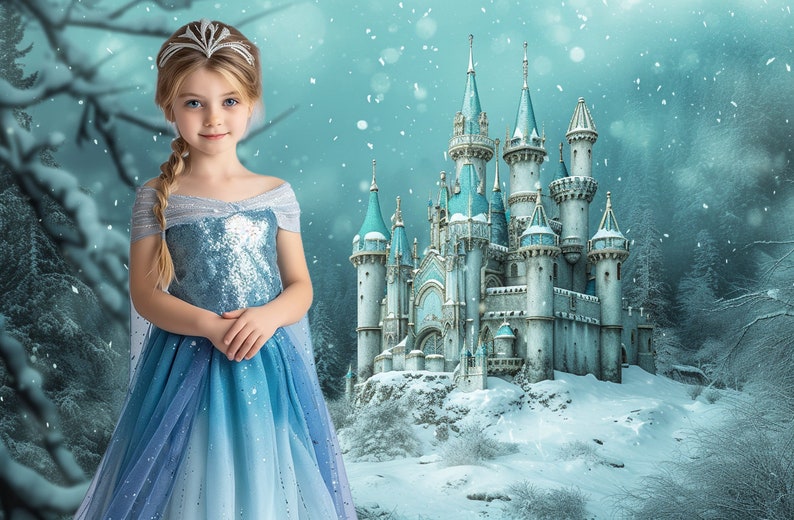 May include: A young girl wearing a blue and silver sequined dress and a silver crown stands in front of a large, white castle with blue accents. The castle is surrounded by snow and trees. The scene is reminiscent of a winter wonderland.