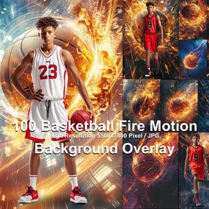 May include: 100 basketball fire motion background overlays. High resolution 5500x7800 pixel JPG images. The images feature a basketball player in a white jersey with red trim and a basketball in a fiery background.