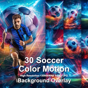 Puede incluir: Un jugador de fútbol corre por un campo con un fondo borroso de un balón de fútbol y luces de colores. El texto "30 Soccer Color Motion Alta resolución 13000x9000 Pixel/JPG Superposición de fondo" está en la parte inferior de la imagen.