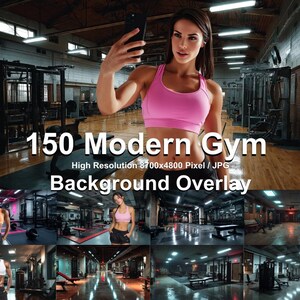 Puede incluir: Una mujer con un sujetador deportivo rosa se hace un selfie en un gimnasio moderno. La imagen incluye el texto "150 Modern Gym Background Overlay" con detalles de resolución. Se muestran imágenes de fondo de gimnasio adicionales.