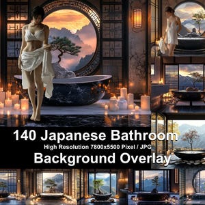 May include: A digital illustration of a Japanese bathroom with a black bathtub, candles, and a window with a view of a mountain range. The text "140 Japanese Bathroom" is at the bottom of the image.