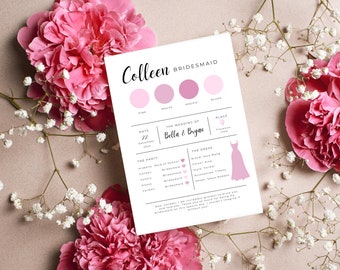 Bridesmaid Info Card Template, Wedding Details Card, Bridal Proposal Card, Bridesmaid itinerary, Bridesmaid colours, Bridesmaid Invite Canva