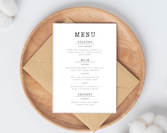 Wedding Menu Template, minimalist wedding menu printable, editable menu, printable menu card, instant download, rustic vintage wedding canva