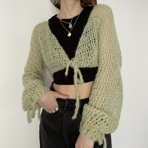 Cardigan mesh crochet fait main vert mohair / Pull mesh crochet / Gilet crochet / Idéal printemps été