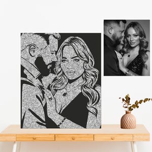 Glitter Couple Portrait on Black Canvas Wedding portrait by photo Sparkling Glitter painting for wedding