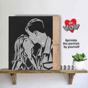 Glitter Silver Couple Portrait on Black Canvas Personalized Wedding portrait by photo Sparkling Glitter painting for wedding