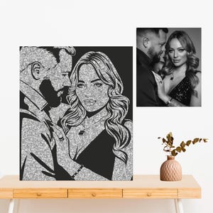 Retrato de pareja con purpurina sobre lienzo negro. Retrato de boda a partir de una foto. Pintura brillante con purpurina para bodas.