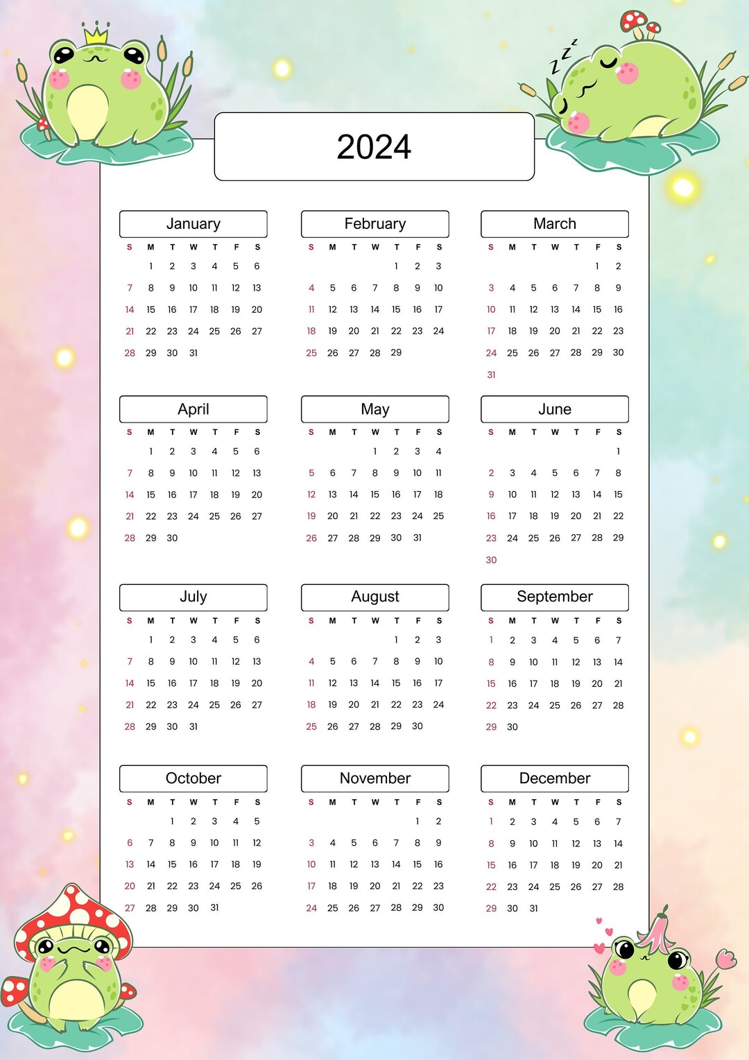 Printable Pastel Frog 2024 Calendar Etsy