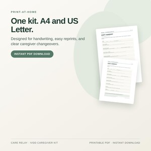 May include: A printable caregiver shift handoff kit in A4 and US Letter sizes. The document features fields for handwriting information, designed for clear communication. Text includes: Print-at-home, One kit. A4 and US Letter., Instant PDF download.