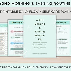 Op de afbeelding: Een lichtblauwgroene, afdrukbare ADHD ochtend- en avondroutinekit met een zelfzorgplanner. De kit bevat dagelijkse stroomdiagrammen, checklists en zelfzorgtools. De tekst op de omslag luidt "ADHD ochtend- en avondroutinekit".