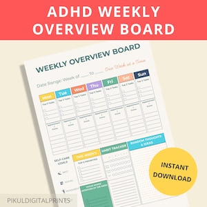 Puede incluir: Imprimible de la tabla de resumen semanal de TDAH. El planificador blanco presenta secciones para cada día de la semana, con espacios para tareas, citas y un rastreador de hábitos. La parte superior del tablero tiene el texto "ADHD Weekly Overview Board".