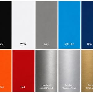 Puede incluir: Una paleta de colores con muestras de negro, blanco, gris, azul claro y azul oscuro. Las muestras adicionales incluyen naranja, rojo, n&iacute;quel cepillado, acero inoxidable cepillado y oro antiguo cepillado. Cada color est&aacute; etiquetado con su nombre.