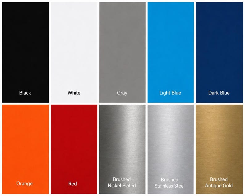 Puede incluir: Una paleta de colores con muestras de negro, blanco, gris, azul claro y azul oscuro. Las muestras adicionales incluyen naranja, rojo, n&iacute;quel cepillado, acero inoxidable cepillado y oro antiguo cepillado. Cada color est&aacute; etiquetado con su nombre.