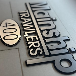 3D Raised Marine “MAINSHIP” 13.9&quot;L x 5&quot;H w/Badge Modern Boat Logo Decal with 3M Tape and Stencil Pack of 2 Custom Color Acrylic UV Resistant