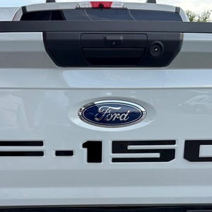 May include: White Ford F-150 truck tailgate with black lettering and a blue oval Ford emblem. The tailgate features a black handle and camera housing.
