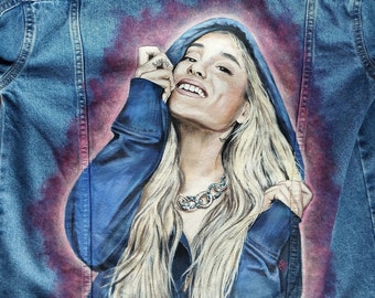 Custom hand-painted denim jacket Ariana Grande Personalized hand painted jean jacket Handmade women’s customized streetwear denim jacket