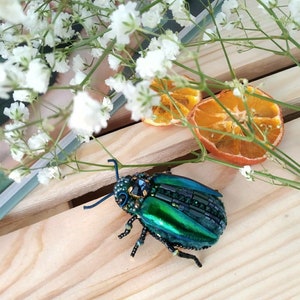 Beaded stag beetle brooch pin Embroidery insect nature jewelry Insect art glass broach pin Natural beetle wing green pin brooch Bug jewelry zdjęcie 2