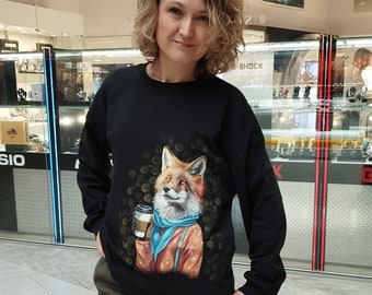 Customized sweatshirt with fox and coffee Hand painted personalized crewneck sweatshirt Women's custom comfy raglan Handmade gift pullover